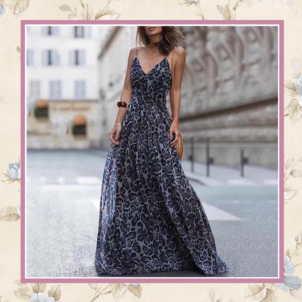 🌸 ANIMAL PRINT BLUE GRAY LEOPARD MAXI LONG DRESS